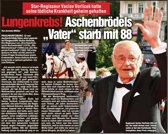  ??  ?? Aschenbröd­el und der Prinz haben ihren Filmvater verloren. Regisseur Vaclav Vorlicek (88) ist tot. Vor nicht einmal zwei Jahren nahm er bei den Karlsbader Filmfestsp­ielen einen Preis entgegen.