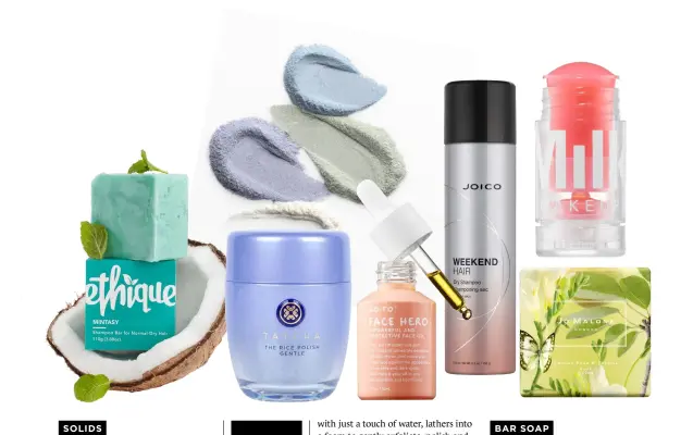  ??  ?? Above, left to right: Ethique Mintasy Solid Shampoo; Tatcha The Rice Polish Gentle Foaming Enzyme Powder; Go-to Face Hero Face Oil; Joico Weekend Hair Dry Shampoo; Milk Makeup Watermelon Brightenin­g Serum; Jo Malone English Pear & Freesia Soap.