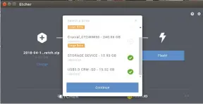  ??  ?? Here’s Etcher in action, detecting two drives before burning data to an SD card.