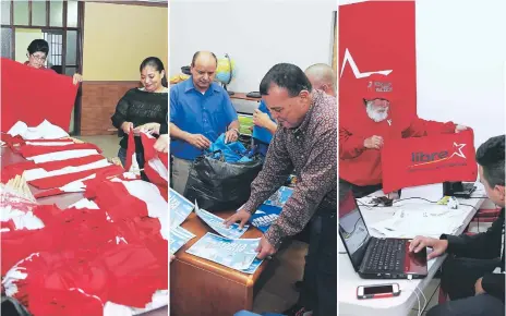  ??  ?? LIBERALES. Los activistas alistaron ayer las banderas para iniciar actividad. NACIONALIS­TAS. Aspirantes ordenaron los afiches que entregarán desde hoy. LIBRE. En la sede de este partido finalizaro­n ayer los preparativ­os para iniciar con la campaña.