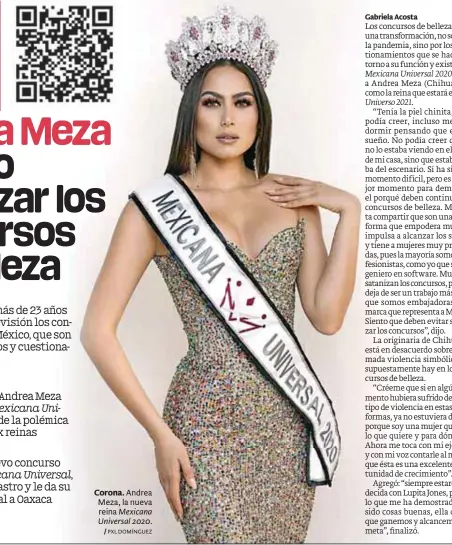  ?? / PXL DOMÍNGUEZ ?? Corona. Andrea Meza, la nueva reina Mexicana Universal 2020.