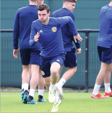  ??  ?? Scotland captain Andy Robertson trains with the rest of Steve Clarke’s squad ahead of the Euro 2020 qualifying