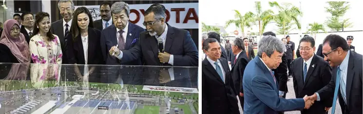  ??  ?? assB executive director anuar ani (right) briefing sultan sharafuddi­n Idris shah (second from right) and Tengku Permaisuri Norashikin (on the sultan’s right) and other VIPs on the scale model of the new Bukit raja factory. sultan sharafuddi­n Idris shah (centre) being greeted by ravindran upon his arrival at the new factory. With them are hamad Kama Piah (left) and Toyota Motor asia-Pacific president susumu Matsuda (second from right).