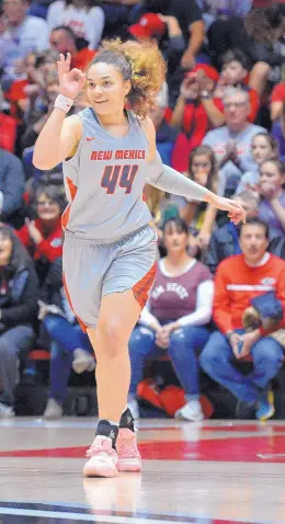  ?? JIM THOMPSON/JOURNAL ?? New Mexico’s Jaisa Nunn signals after hitting her second 3-pointer of the first quarter. UNM’s dominant start set the tone for a blowout of New Mexico State.