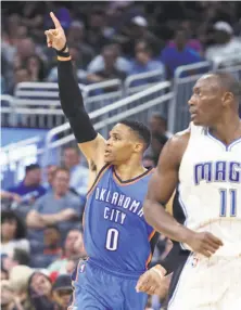  ?? Stephen M. Dowell / Orlando Sentinel ?? Russell Westbrook scored 36 of his 57 points after halftime, and had 13 rebounds and 11 assists for his 38th triple-double.