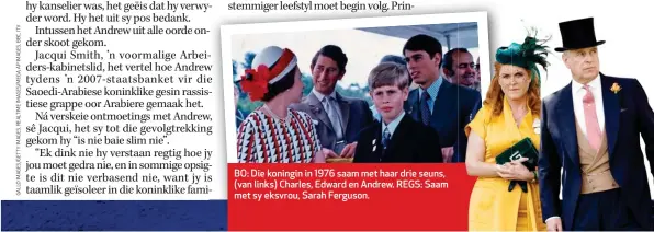  ??  ?? BO: Die koningin in 1976 saam met haar drie seuns, (van links) Charles, Edward en Andrew. REGS: Saam met sy eksvrou, Sarah Ferguson.