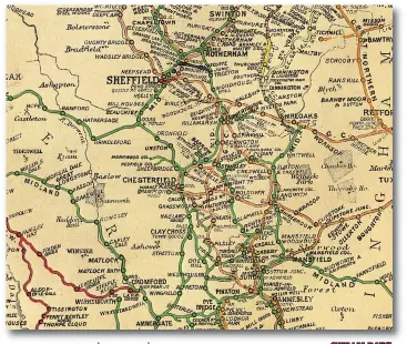  ??  ?? An RCH map from the post-1907 but pre-grouping period records public railways built in the Chesterfie­ld area. The Midland Railway system is shown in green and much enlarged from the former NMR main line seen running north of Ambergate and through Chesterfie­ld, and then east and north towards Rotherham (and onwards to Normanton). Great Central routes are in orange and by this date they include the key Sheffield-Nottingham main line east of Chesterfie­ld, as well as the Chesterfie­ld Loop between Staveley Town and Heath. Beneath the main Chesterfie­ld title is the, by then, GCR-owned terminus of Market Place. This was the west-to-east route of the erstwhile LD&ECR that passed through Bolsover and Warsop to link to other railways in the Tuxford and Lincoln area.