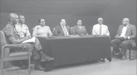  ??  ?? Members of the Task Force at the press conference yesterday. From left are Director-General of the Civil Defence Commission (CDC) Lieutenant Colonel Kester Craig, Commission­er of Police Leslie James, Minister of Education Dr Nicolette Henry, Prime Minister Moses Nagamootoo, Minister of Public Health Volda Lawrence, Director General of the Guyana Civil Aviation Authority Egbert Field and Director of Public Informatio­n Imran Khan