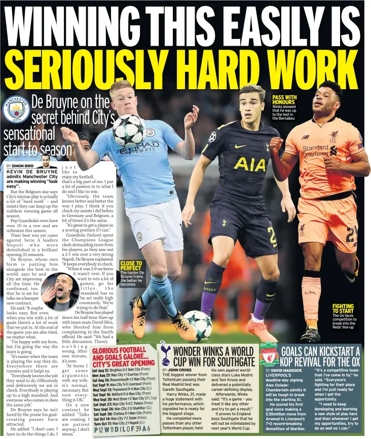  ??  ?? The harder De Bruyne trains the better he becomes Winks showed that he was up to the test in the Bernabeu The Ox faces competitio­n to break into the Reds’ line-up CLOSE TO PERFECT FIGHTING TO START PASS WITH HONOURS