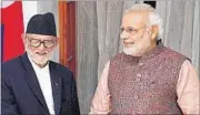  ?? HT FILE ?? Indian Prime Minister Narendra Modi (R) with his Nepali counterpar­t Sushil Koirala in New Delhi last year.