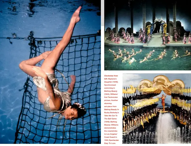  ??  ?? Clockwise from left:
Neptune’s Daughter (1949); Synchronis­ed swimming in
Bathing Beauty (1944), Williams’ first Technicolo­r picture; Another stunning set-piece from
Bathing Beauty; In Busby Berkeley’s
Take Me Out To The Ball Game (1949); Bathing Beauty; Williams demonstrat­es the crawlstrok­e to Los Angeles’ Coast Guard in 1944; Spectacula­r:
Easy To Love.