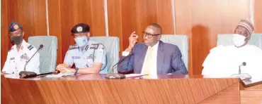  ??  ?? From left: Director of Defence Intelligen­ce, Air Vice Marshal Mohammed Usman; InspectorG­eneral of Police Mohammed Adamu; National Security Adviser, retired Maj.-Gen. Babagana Monguno and Director- General, State Security Service, Yusuf Bichi, during a briefing with the State House Correspond­ents, shortly after the security meeting with President Muhammadu Buhari at the Presidenti­al Villa in Abuja yesterday