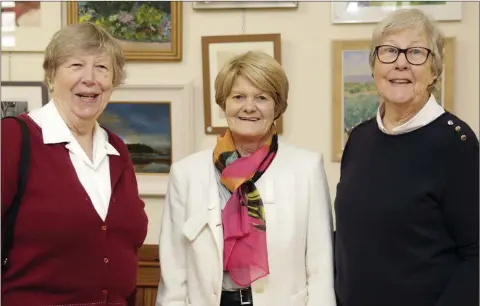  ??  ?? Clare Chambers, Margaret Fox and Gaye Nuttall enjoying the art exhibition in Calary Church.