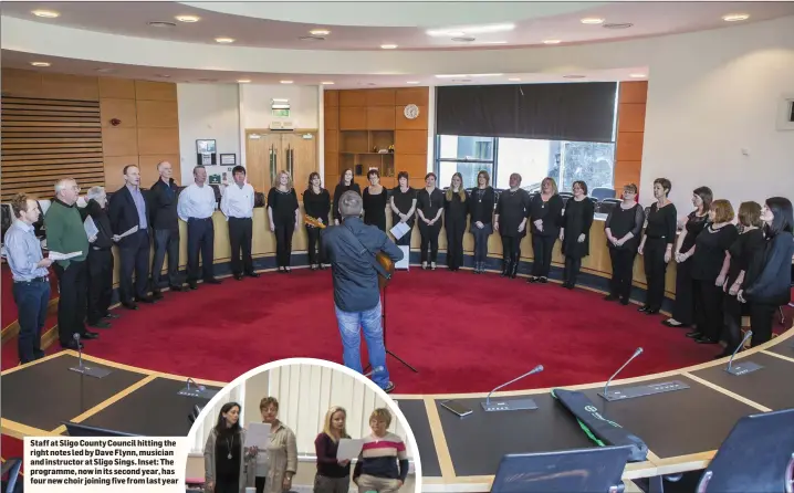  ??  ?? Staff at Sligo County Council hitting the right notes led by Dave Flynn, musician and instructor at Sligo Sings. Inset: The programme, now in its second year, has four new choir joining five from last year.