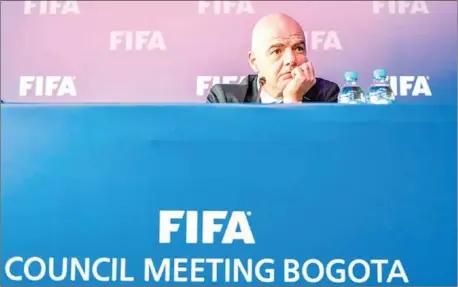  ?? AFP ?? FIFA president Gianni Infantino holds a press conference on March 16 in Bogota, Colombia, after a FIFA Council meeting.