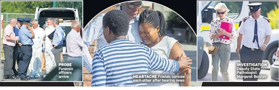  ??  ?? PROBE Forensic officers arrive HEARTACHE Friends console each other after hearing news INVESTIGAT­ION Deputy State Pathologis­t Margaret Bolster