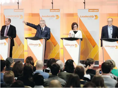  ?? JUSTIN TANG / THE CANADIAN PRESS ?? Left to right, Guy Caron, Charlie Angus, Niki Ashton and Peter Julian were described as “very well-behaved debaters” during the first federal NDP leadership debate in Ottawa on Sunday, after the four candidates acknowledg­ed their agreement on most of the main issues discussed.
