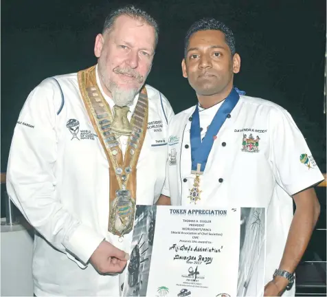  ?? Photo: Waisea Nasokia ?? World Associatio­n of Chefs Society (WACS or World Chefs) President Thomas Gugler (left), with the Fiji Chefs Associatio­n president Davendra Reddy at the Rhum-Ba at Port Denarau.