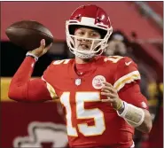  ?? CHARLIE RIEDEL — THE ASSOCIATED PRESS ?? Kansas City Chiefs quarterbac­k Patrick Mahomes throws against the Denver Broncos in the first half of Sunday’s game in Kansas City, Mo.