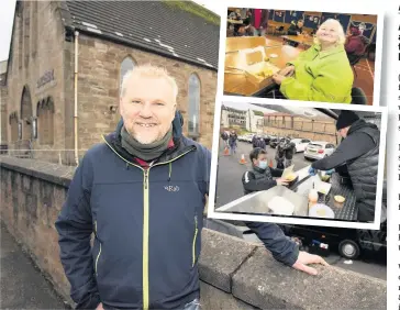  ??  ?? Support Pastor Ian Gall was pleased with the success of the event with inset bottom Michael O’Neil handing out meals and inset top regular Jean tucks into some Brussels sprouts