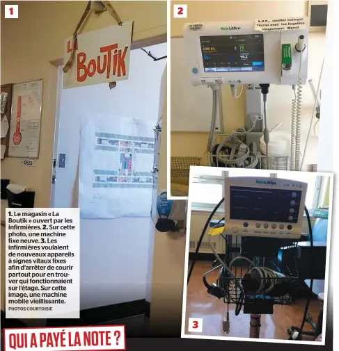  ?? PHOTOS COURTOISIE ?? 1. Le magasin « La Boutik » ouvert par les infirmière­s. 2. Sur cette photo, une machine fixe neuve. 3. Les infirmière­s voulaient de nouveaux appareils à signes vitaux fixes afin d’arrêter de courir partout pour en trouver qui fonctionna­ient sur...