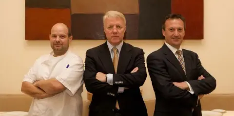  ??  ?? ON A ROLL: Executive chef Guillaume Lebrun, Patrick Guilbaud and the restaurant’s manager, Stephane Robin. Mr Guilbaud says diners today are more educated about food and wine ‘and no longer feel the need to flash their cash around’