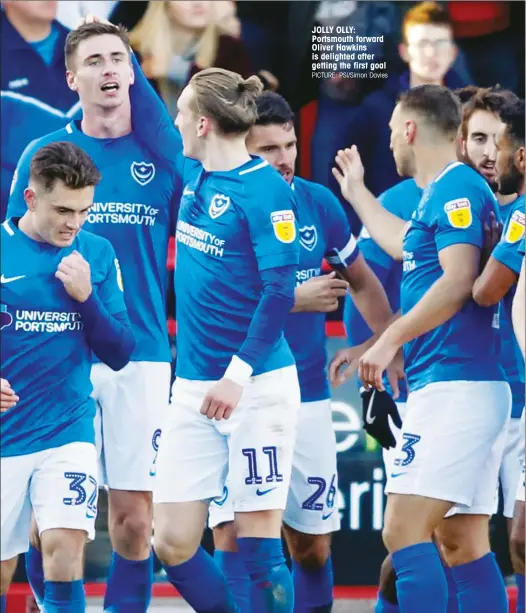  ?? PICTURE: PSI/Simon Davies ?? JOLLY OLLY: Portsmouth forward Oliver Hawkins is delighted after getting the first goal