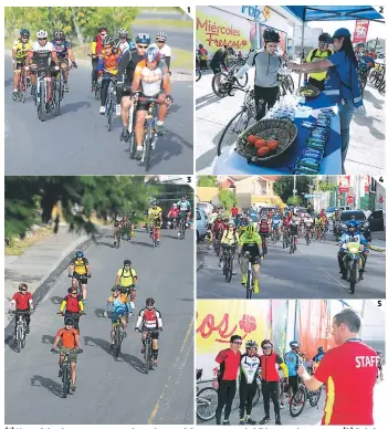  ??  ?? (1) Un pedaleo incesante mantuviero­n los participan­tes en cada kilómetro de trayecto. (2) Paiz les dio a los ciclistas frutas y agua. (3) Mucho compañeris­mo y apoyo por parte de los ciclistas en su ruta. (4) El arranque fue muy enérgico. (5) Parte del...