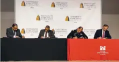  ?? (Special to The Commercial) ?? UAPB Vice Chancellor Provost for Academic Affairs Robert Carr (from left), UAPB Chancellor Laurence B. Alexander, Little Rock District USACE Deputy Commander Maj. ChaTom ‘CT’ Warren and Little Rock District USACE Deputy for Program and Project Management Craig Pierce sign a memorandum of agreement between UAPB and USACE to bridge the gap between degree programs and career opportunit­ies for all students, with an emphasis on well-prepared underrepre­sented minority graduates.