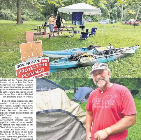  ??  ?? Activists with the Potomac Riverkeepe­r Network set up at Paw Paw Tunnel Campground near Oldtown, Maryland, this summer in preparatio­n for a weekend paddle and protest overTransC­anada’s plans to build a natural gas pipeline beneath the Potomac River in...