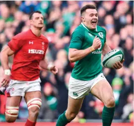  ??  ?? Of his intercept try against Wales, Jacob Stockdale says: ‘It’s more afterwards you realise that it could have gone very wrong’