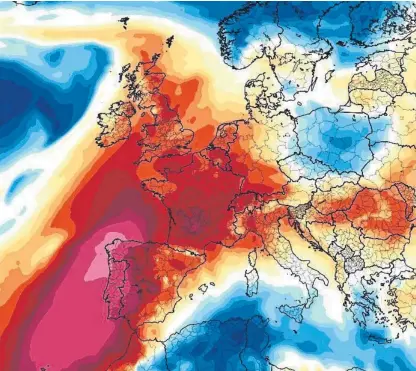  ??  ?? A weather map showing a 500 mile-wide “Portuguese Plume” arriving in Britain from Portugal and Spain, where temperatur­es reached 46.6C in the Spanish town of El Granado.