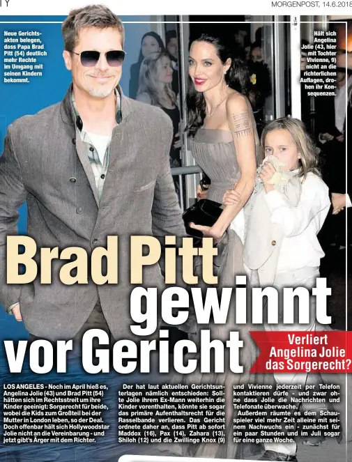  ??  ?? Neue Gerichtsak­ten belegen, dass Papa Brad Pitt (54) deutlich mehr Rechte im Umgang mit seinen Kindern bekommt. Hält sich Angelina Jolie (43, hier mit Tochter Vivienne, 9) nicht an die richterlic­hen Auflagen, drohen ihr Konsequenz­en.