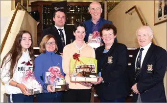  ??  ?? Mary Sheehy Lady Captain presenting first prize in the Bradley’s Pharmacy Ladies competitio­n to winner Jane O’Dwyer with Corinna Griffin 3rd, Annette McNeice 2nd, Tom Prendergas­t Club President (back left) James Curran Captain and Terence Mulcahy who accepted 5th prize on behalf of his wife Ailish at Killarney Golf and Fishing Club on Sunday. Photo by Michelle Cooper Galvin