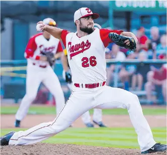  ?? ANGELA B PHOTOGRAPH­Y) ?? Okotoks Dawgs ace Dylan Nelson is 5- 0 with a save in six Western Major Baseball League appearance­s. He's also sporting a sparkling 1.92 earned- run average.