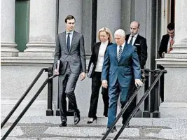  ?? TASOS KATOPODIS/SIPA USA ?? Vice President Mike Pence leads Jared Kushner, left, Homeland’s Kirstjen Nielsen and Stephen Miller after talks Saturday.