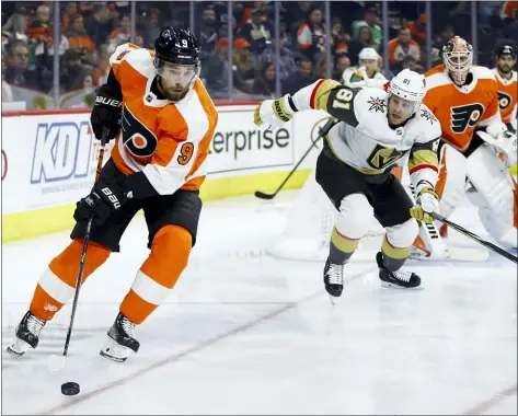  ?? MATT ROURKE — THE ASSOCIATED PRESS ?? The Flyers’ Ivan Provorov skates past the Golden Knights’ Jonathan Marchessau­lt during the first period of Monday’s game in Philadelph­ia.