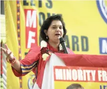  ?? PICTURE: NQOBILE MBONAMBI/ AFRICAN NEWS AGENCY (ANA) ?? THE leader of the Minority Front Shameen Thakur-Rajbansi at the party’s manifesto launch held at the Rajput Hall in Chatsworth, on Saturday.