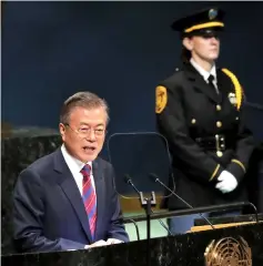  ??  ?? Moon addresses the 73rd session of the United Nations General Assembly at UN headquarte­rs in New York. — Reuters photo
