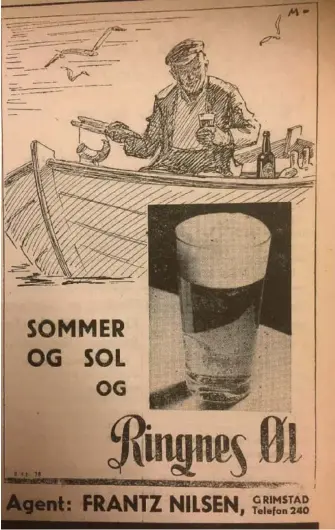  ??  ?? ØLREKLAME: Det var ikke forbud mot alkoholrek­lame i 1938. Ølagent Frantz Nilsen på Biodden reklamerte ofte i Adressa for de store bryggerien­e i Oslo, Ringnes, Frydenlund og Schous.