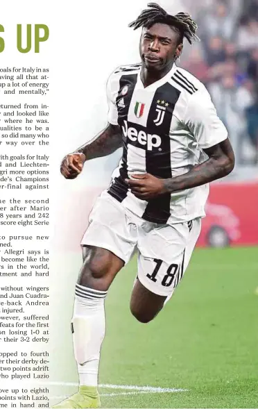  ??  ?? Juventus’ Moise Kean celebrates after scoring against Empoli at the Allianz Stadium on Saturday.