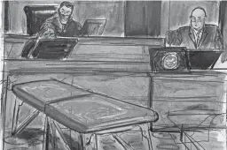  ?? ELIZABETH WILLIAMS VIA AP ?? In this courtroom sketch, former Palm Beach Police Officer Gregory Parkinson, right, takes the stand after examining Jeffrey Epstein’s massage table during testimony Friday in New York.