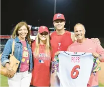  ?? ?? Logan O’Hoppe, third from left, is appreciati­ve of his relationsh­ip with dad, Michael, far right, who is a cancer survivor. The two are joined by Angela O’Hoppe, left, and twin sister Melanie following a Fightin Cancer Night earlier this season at Reading’s FIrstEnerg­y Stadium.