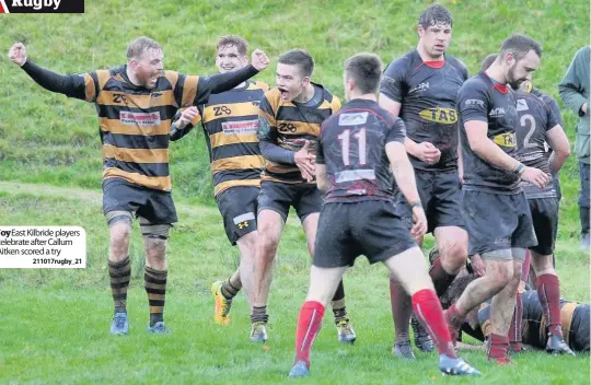  ??  ?? JoyEast Kilbride players celebrate after Callum Aitken scored a try 211017rugb­y_21