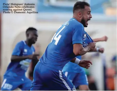  ??  ?? Pieta' Hotspurs' Antonio Orlando Neto celebrates scoring against Qormi. Photo © Domenic Aquilina