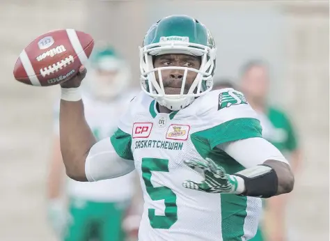  ?? PAUL CHIASSON/THE CANADIAN PRESS ?? The play of QB Kevin Glenn was one of the Roughrider­s’ bright spots during their regular-season opener.