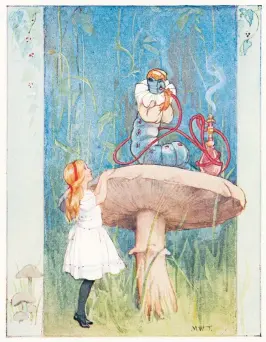  ?? [Medici/Mary Evans/picturedes­k.com] ?? Die Raupe raucht die Pfeife – und Alice beißt in den Pilz.