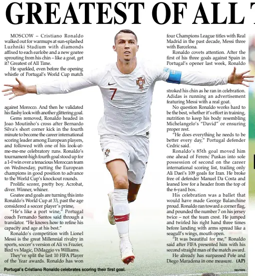  ??  ?? four Champions League titles with Real Madrid in the past decade, Messi three with Barcelona.
Ronaldo covets attention. After the first of his three goals against Spain in Portugal’s opener last week, Ronaldo