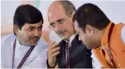  ?? — PTI ?? BJP spokespers­ons Shahnawaz Hussain, Nalin Kohli and Sambit Patra during a press conference at the inaugurati­on of the party’s national executive meeting in Bengaluru on Thursday.