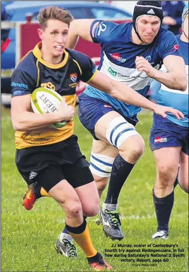  ?? Picture: Phillipa Hilton ?? JJ Murray, scorer of Canterbury’s fourth try against Redingensi­ans, in full flow during Saturday’s National 2 South victory. Report, page 60